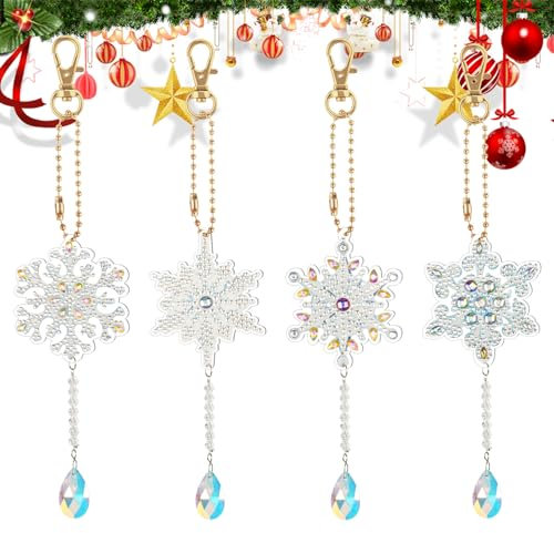AUAUY 4PCS Diamond Painting Sonnenfänger Windspiel 5D Weihnachten Schneeflocken Anhänger DIY Doppelseitige Diamond Painting Schlüsselanhänger Kristall Hängender Ornament für Kinder Spielzeug Geschenke