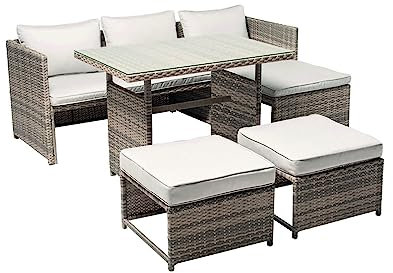 CONCEPT USINE | Salon de Jardin 5 Places en Résine Tréssée | Tenerife Marron et Gris | Salon Modulable : 1 Canapé, 1 Méridienne, 1 Table avec Plateau en Verre et 2 Poufs | Confortable et Robuste