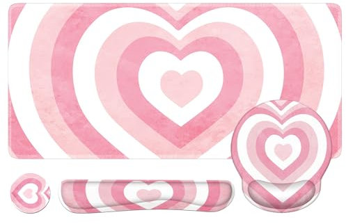HAOCOO Keyboard Mouse Pad Set, Mouse Pad with Wrist Support + Keyboard Wrist Rest + Desk Pad + Coaster, Easy Typing Pain Relief, 4IN1 Desk Mat Set for Work Gaming Study, Heart Pink