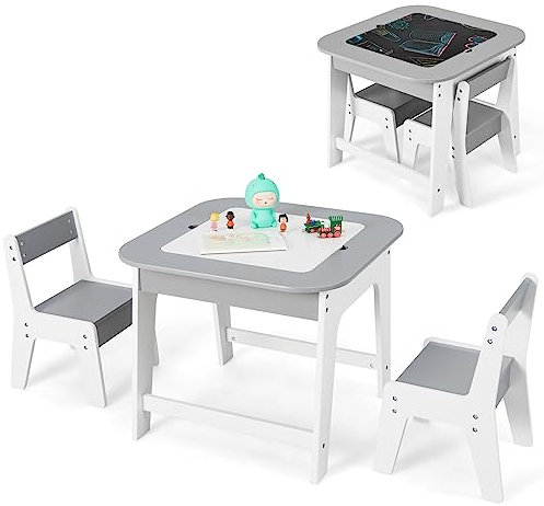 GYMAX Kids Table and Chair Set, Children Activity Desk with Removable Blackboard/Whiteboard Tabletop & Hidden Storage Space, Wooden Toddler Furniture Set for Drawing Playing Learning (Grey+White)