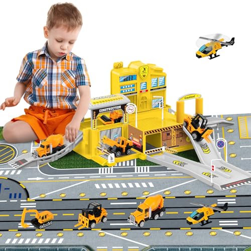 deAO City Baufahrzeuge Construction Station mit Bagger, Hubschrauber, Gabelstapler, Betonmischer-LKW, Baustelle Spielzeug für Kinder mit Spielkarte für Jungen und Mädchen ab 4 5 6 7 Jahren (Gelb)