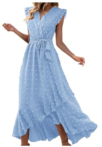 WVONIF Robe été Femme Mi Longue Cache Coeur Femmes Ancien Floral Manche Courte Robe Mi-Longue été Col Rond élastique Robe Longueur Genou Taille Haute Robe Rose Poudré Femme （ Bleu Ciel, M