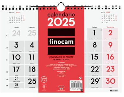 Finocam - Neutraler Wandkalender mit großen Zahlen 2025, monatliches Layout Januar 2025 - Dezember 2025 (12 Monate) Italienisch