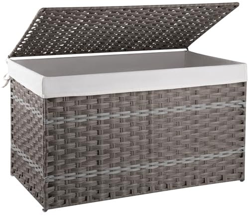 OIAHOMY Extra Large Grey Rattan Storage Basket with Lid, 160L (approx. 3.96 cubic feet) or 36 x 18.1 Rectangular, Rustic/Natural, Foldable, 66 Pound Capacity, Bedroom/Living Room, Grey