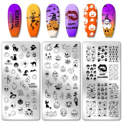 PandaHall Halloween Nail Art Plates - 3pc Skull Ghost Witch Pumpkin Image Plate Stamping Kit Reusable Tools
