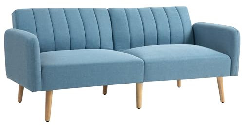 HOMCOM Sofá Cama de 2 Plazas Moderno 173x75x73 cm Sofá Cama Plegable Tapizado en Lino Sintético con Respaldo Ajustable en 3 Niveles y Reposabrazos Desmontables para Salón Oficina Azul Claro