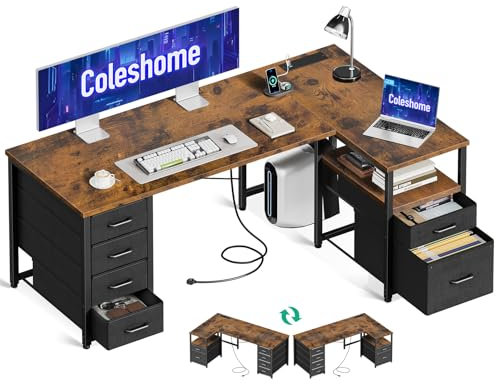 Coleshome Computer Corner Desk with Drawers, 140×80 cm L Shaped Office Desk with Power Outlet, Reversible Study PC Table with Storage for Bedroom, Vintage Brown