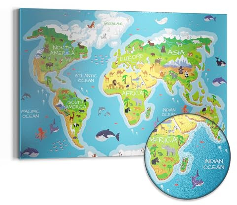 DEQORI Metall Magnettafel | 90x60 cm cm groß | Motiv Kindgerechte Weltkarte | Whiteboard für alle Magnete | Magnetboard Wand-Tafel für Küche & Büro | Design Magnetwand Pinnwand magnetisch