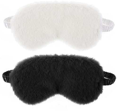 2 Stück Plüsch Augenmaske Bequeme Plüsch-Augenbinde Flauschige Verdunklungs-Schlafmaske Kunstfell Reise-Schlafmasken Reise Reise Aufbewahrungstasche(White, black)