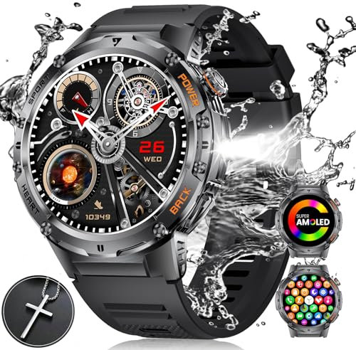 ESFOE Montre Connectée Homme avec Torche LED,1,43 AMOLED Montre Connectée Militaire avec 530mAh Akku 5ATM Étanche Fitness Tracker 132 Modes de Sport,Smartwatch avec Appel Bluetooth pour Android iOS