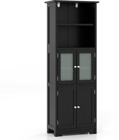 COSTWAY Bathroom Tall Cabinet, Freestanding Storage Cupboard with Tempered Glass Door and Open/Adjustable Shelves, Wooden High Floor Storage Cabinet for Living Room Kitchen Hallway (Black)