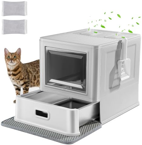 Marchul Cassetta Igienica per Gatti Chiusa in Acciaio Inossidabile con Coperchio e Design a Cassetto, XL, con Paratie Anti-Perdite, Paletta e Tappetino, Antiodore