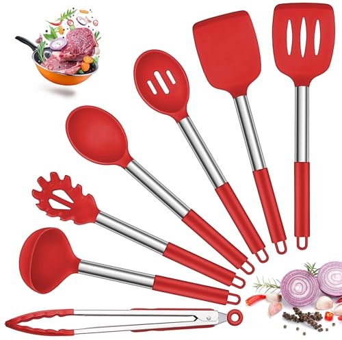 Joyfair Kitchen Utensils Set, 7 Pcs Silicone Cooking Utensils with Stainless Steel Handle, Non Scratch Cooking Tools Spatula Tongs Spoon for Non Stick Cookware, Heat Resistant & Dishwasher Safe, Red