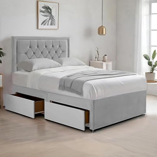 BED TIME UK - Luxurious Silver Plush Divan Single Bed with Spring Memory Foam Mattress | Functional Bed with 2 Storage Drawers & Room Decore 20” Chesterfield Headboard with Border