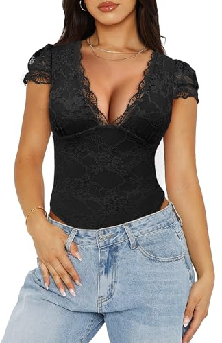 Saslax Damen Sexy Tiefer V-Ausschnitt Kurz Spitze Bodysuit Doppelt Gefüttert Body Anzug Tanga Ausgehen Tank Tops