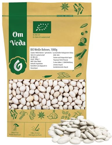 OmVeda Bio Weiße Bohnen 1 kg | Getrocknete Bohnen aus ökologischem Anbau | Mild-süßlich im Geschmack & gleichmäßig in der Form | Für Minestrone, Eintopf, Antipasti & Salat | Vegan & Naturbelassen
