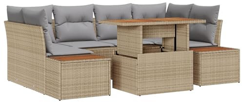 vidaXL 7-teiliges Garten Essset mit Kissen Beige Poly Rattan Akazie Wetterfest Platz für 5 Innen-Außen Funktionalität Ideal für Balkon Tisch Loveseat Ecksofa Kissen Couchtisch Patio
