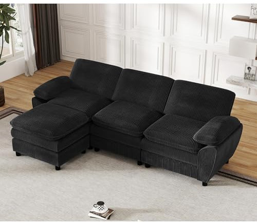 ZX Design Ecksofa mit Schlaffunktion mit Polsterhocker, Cord Sofa, Sofa 3 sitzer, Ecksofa für Wohnzimmer,Schlafzimmer und kleine Wohnungen (Schwarz)