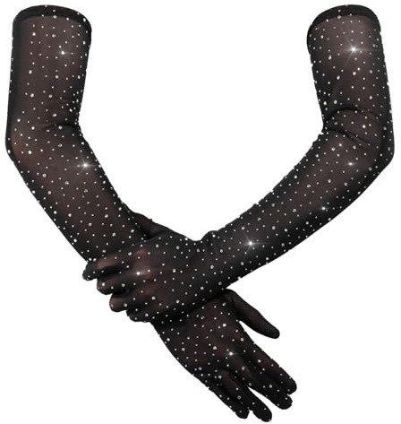 Yolev Lange Strass Handschuhe, Schwarze Tüll Gliter Damenhandschuhe, Glänzende Strass Netzhandschuhe, Kostüm Handschuhe, Für Opernbraut, Karneval, Halloween-Party