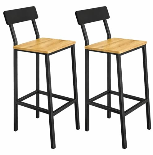 Begryf Barhocker 2er Set 40 x 29,5 x 90 cm, Küchenhocker mit Rückenlehne, Hocker Industrial mit Holzoptik und schwarzem Metallgestell, Eichefarben