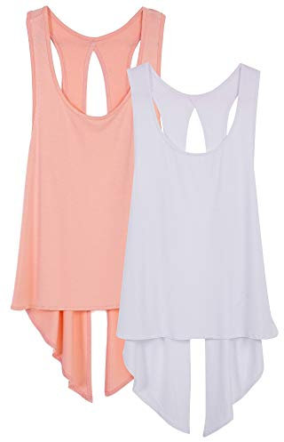 icyzone Damen Sport Top Rückenfrei Fitness Yoga Shirt Ärmellos Sport Oberteile, 2er Pack (L, Pale Blush/White)