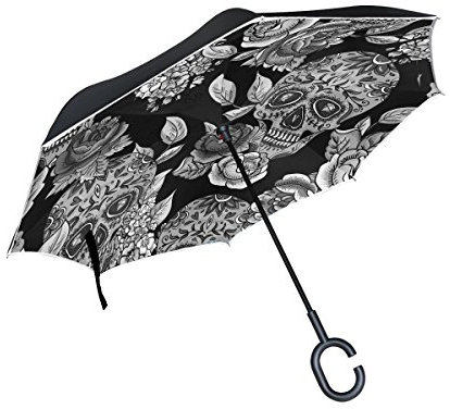 isaoa Gro?e Schirm Regenschirm Winddicht Doppelschichtige seitenverkehrt Faltbarer Regenschirm f¨¹r Auto Regen Au?eneinsatz,C-f?rmigem Henkel Regenschirm Totenkopf schwarz Regenschirm