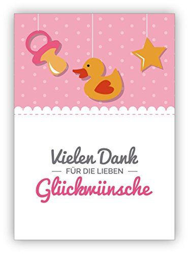 10 Stück Süße, rosa Dankeskarte zur Geburt eine Babys mit Ente und Schnuller: Vielen Dank für die lieben Glückwünsche • hübsche Danksagung für die Glückwünsche zur Geburt Ihres Baby's