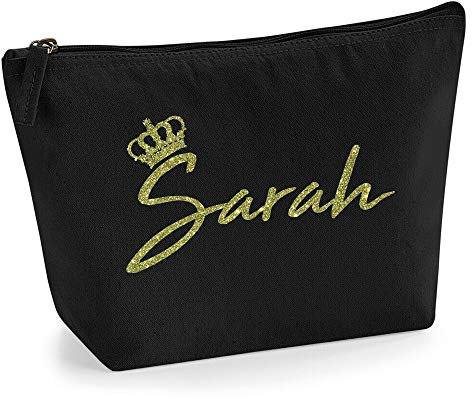 Personalisiert Name Initialen & Königin Krone Kosmetiktasche Damen Schminktasche für Handtasche Makeup Tasche - Glitter oder Flocke Material Druck - Gold Glitter - L - Schwarz