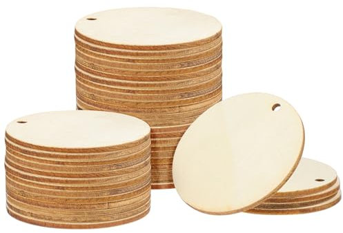 VOSAREA 50 Stücke Holzscheiben mit Loch zum Basteln, 5cm kleine runde Holzscheiben Natürliche Holzplättchen rund Holzanhänger mit Loch für DIY Handwerk, hängende Dekoration, Hochzeit