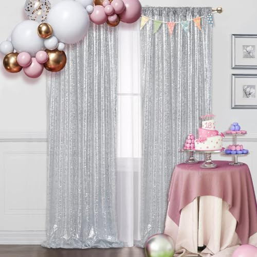 SquarePie Pailletten-Hintergrund, nicht durchsichtig, Satin, Fotografie-Hintergrund, glitzernder Vorhang für Hochzeit, Party, 60 x 2,4 m, Silber, 2 Stück