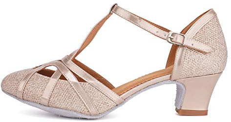 HROYL Women T-Strap Glitter Latin Dance Shoes Low Heel Salsa Tango Ballroom Latin Party Wedding Dancing Shoes,2040-Rose Gold-WM-4.5,6 UK