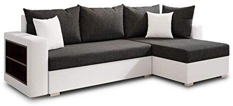 Ecksofa Lord mit Regal und Schlaffunktion - Sofa mit Bettkasten, Schlafsofa, Polsterecke, Couch L-Form, Couchgarnitur, Sofagarnitur (Weiß + Schwarz (Dolaro 511 + Berlin 02), Ecksofa Rechts)