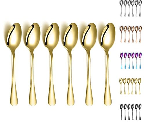Cucharas de cena doradas, Kyraton 6 piezas Cuchara de mesa de acero inoxidable de 19 cm con chapado en oro de titanio, Cucharas de sopa, Cucharas de postre Apto para lavavajillas Juego de 6