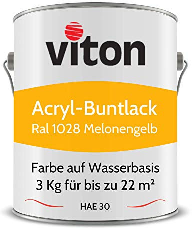 Viton Buntlack 3 Kg Gelb - Seidenmatt - Wetterfest für Außen und Innen - 3in1 Grundierung & Lack - HAE 30 - Nachhaltige Farbe auf Wasserbasis für Holz, Metall & Stein - RAL 1028 Melonengelb