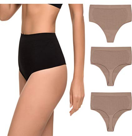 Channo Pack de 3 Tanga Faja Reducción Ligera de Abdomen Mujer Sin Costuras Licra. Braga Tanga Moldeador. (Vison, L/XL)