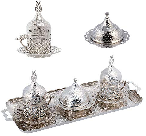 Alisveristime Acur Turkish Coffee Set with 2 Cups and Tray (Silver)