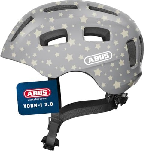 ABUS Fahrradhelm Youn-I 2.0 - mit Licht für Kinder, Jugendliche und junge Erwachsene - für Mädels und Jungs - Grau mit Stern-Muster, Größe S