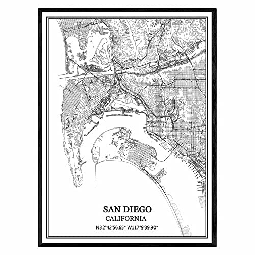 San Diego Kalifornien USA Amerika Karte Wandkunst Kunstdruck Poster Kunstwerk ungerahmt Modern Schwarz und Weiß Karte Souvenir Geschenk Wohnkultur