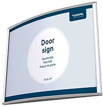 EUROPEL Plaque de porte alu simple et élégante galbée 21x15cm. A visser ou coller sens hauteur ou largeur, protecteur anti-reflet, couleur argent, matériel de montage inclus (vis + ruban adhésif)