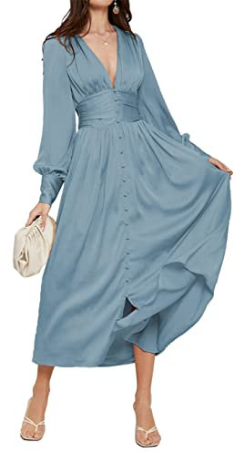 HPPEE Plus Size Long Sleeve Long Bridesmaid Dresses with Pockets V Neck A Line Dresses for Wedding Party with Slit Dusty Blue UK26