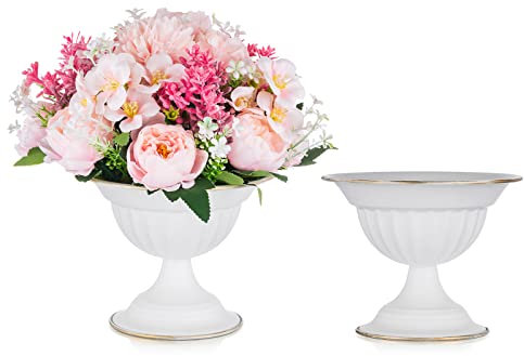 Sziqiqi Vase Mariage Blanc: 13 cm Haut Vase Urne Centre de Table Lot of 2 - Metal Pots pour Fleur Arrangement pour Fete Anniversaire Bapteme Reception
