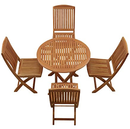 Teak Sitzgruppen Set 4 Klappstühle und 1 Klapptisch rund 90 cm Premium
