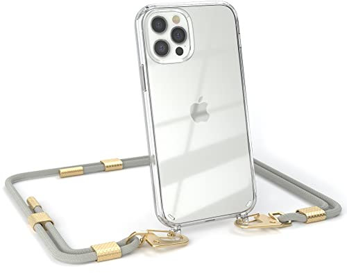 EAZY CASE - kombinierbare Handyketten kompatibel mit iPhone 12/12 Pro, Transparente Silikon-Hülle mit stylischen rundem Umhängeband, abnehmbar durch Karabiner, Gurt zum wechseln, Taupe - Clips Gold