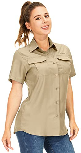 yeyity Hemdbluse Damen Kurzarm UV Schutz Wander Shirt Damen Atmungsaktiv Safari Hemd Schnelltrocknende Outdoorhemd,Sommer Tops (5076,Khaki,L)