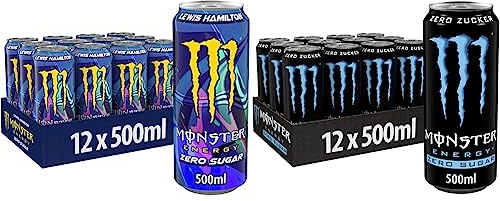 Monster Energy Lewis Hamilton Zero - koffeinhaltiger Energy Drink (12 x 500 ml) & Zero Sugar - koffeinhaltiger Energy Drink mit klassischem Monster-Geschmack(12 x 500 ml)
