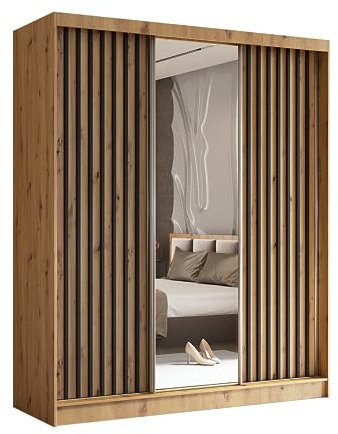 Margaret Hadas24 Kleiderschrank Erika mit Lamellen und Spiegel, Organizer, Mehrzweckschrank, Schwebetürenschrank, Garderobenschrank, Kleiderstange, Kleiderständer, Flurschrank, 180 cm, braun, schwarz