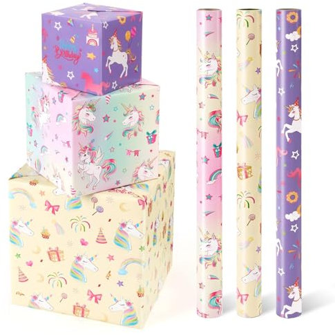 WERNNSAI Rouleaux de Papier Cadeau Licorne - 3 Rouleaux de Papier Cadeau D'anniversaire Licorne Papier Cadeau Arc-en-ciel Violet pour Filles Enfants avec Ligne de Découpe 43cm X 3m