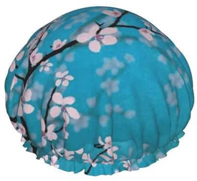 Wurton Japanese Cherry Flowers Print Reusable Enviro-Care Shower Cap Soft For Women Double Waterproof Layers Showe Cap