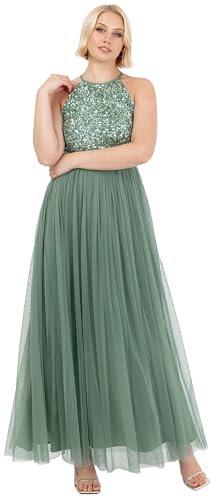 Maya Deluxe Damen Womens Ladies Bridesmaid Maxi Dress Halter Neck Sequin Embellished Prom Graduation Wedding Brautjungfernkleid, Tiefes Minzgrün, 42