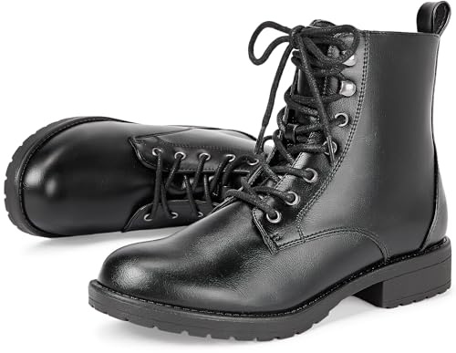 LISYIIZ Women's Ankle Combat Boots Lace Up Booties with Side Zipper Low Heel Fashion Combat Booties for Fall Winter Casual Wear